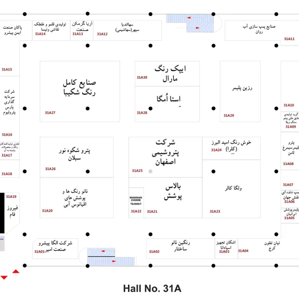 نقشه سالن 31A بیست و پنجمین نمایشگاه بین المللی رنگ و رزین 1404