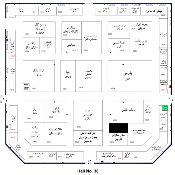 نقشه سالن 38 بیست و پنجمین نمایشگاه بین المللی رنگ و رزین 1404