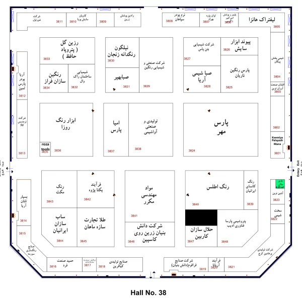 نقشه سالن 38 بیست و پنجمین نمایشگاه بین المللی رنگ و رزین 1404