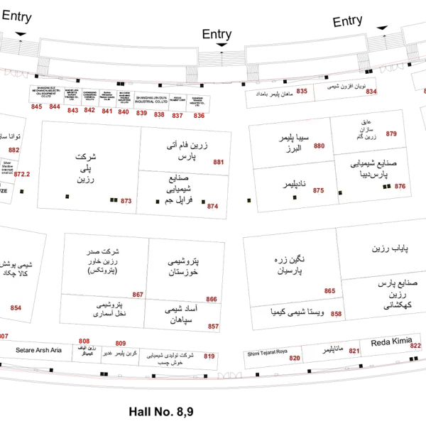 نقشه سالن 8 و 9 بیست و پنجمین نمایشگاه بین المللی رنگ و رزین 1404